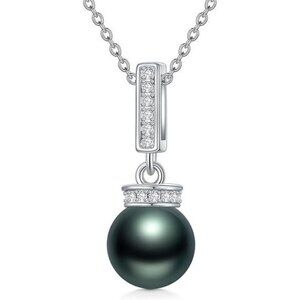9-10mm Tahitian Pearl Necklace, Sterling Silver, Moissanite, 18+2"